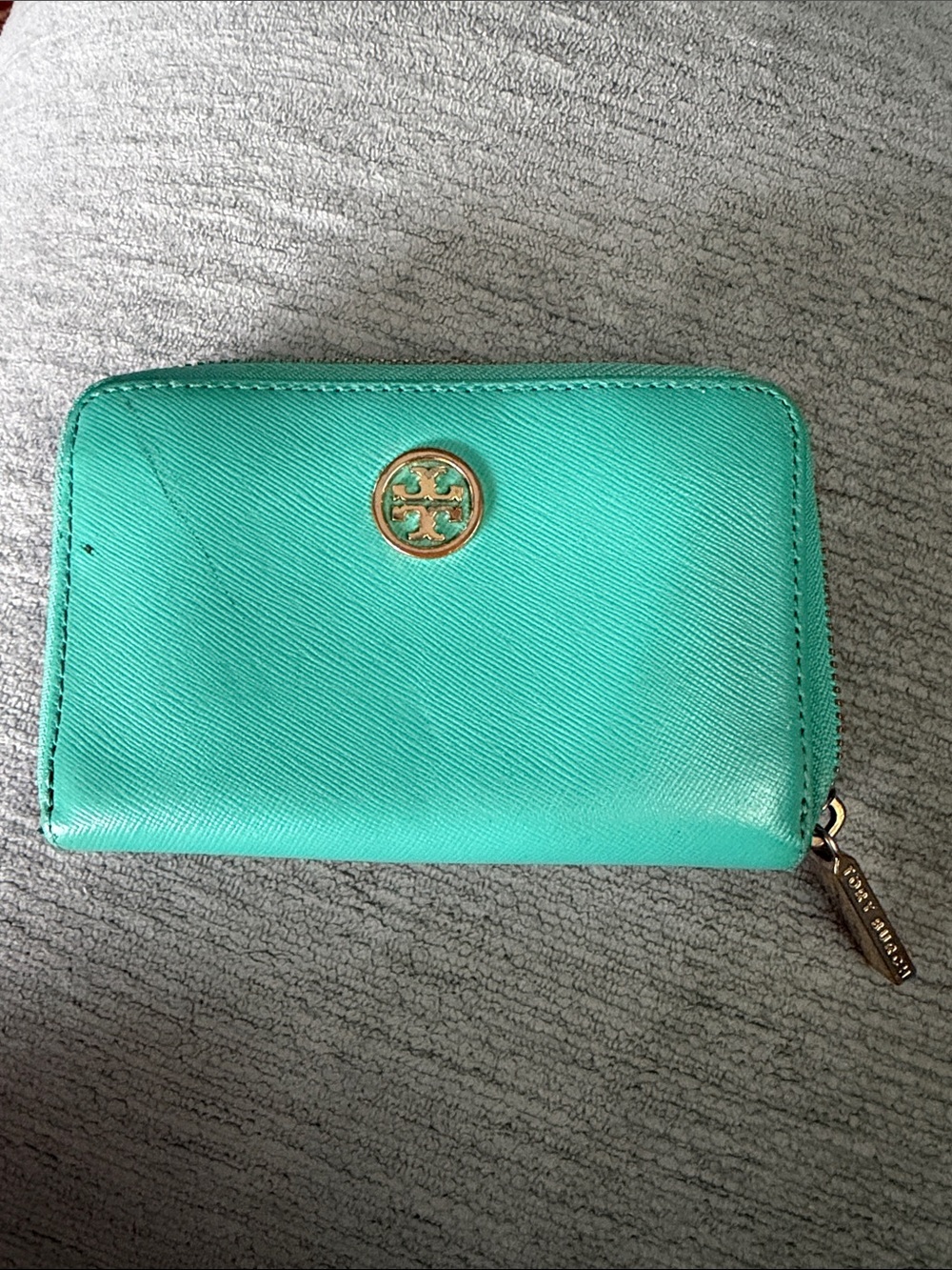 Tory Burch Turquoise Zip-Around Card Wallet with Gold Logo